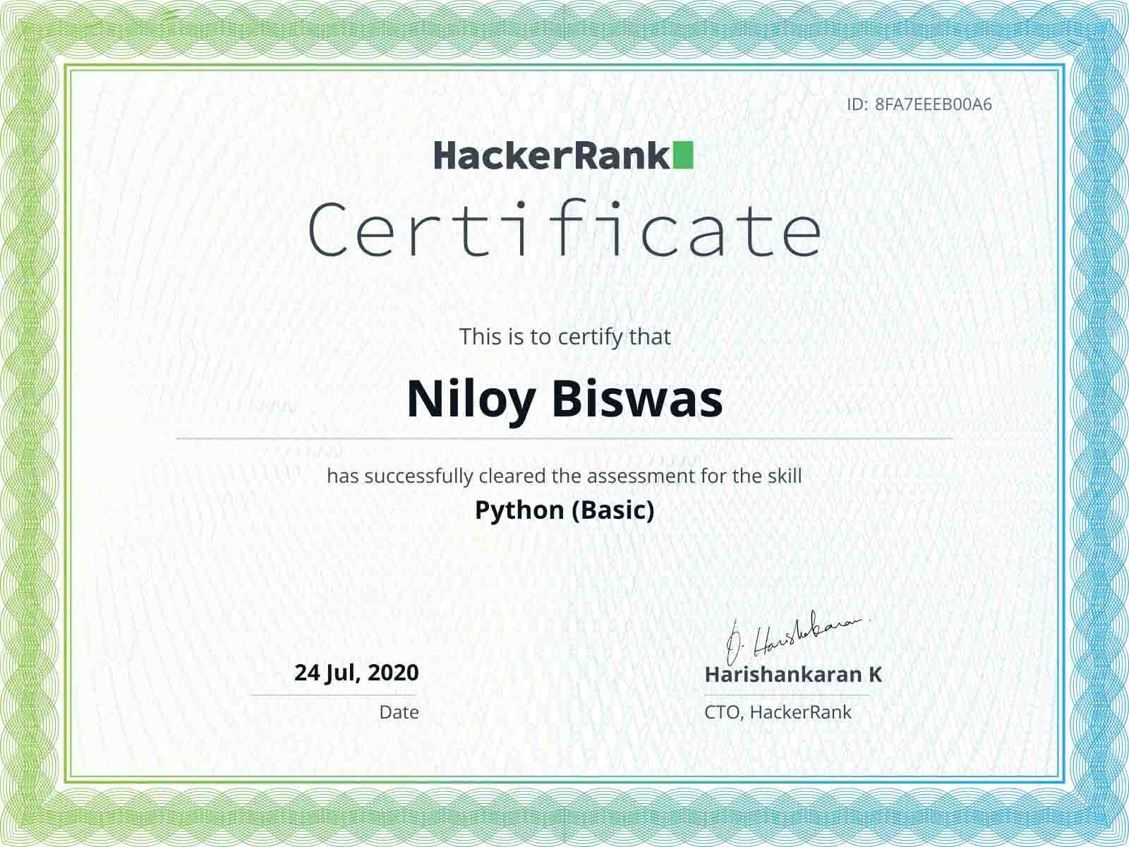 Niloy Biswas Python Certificate